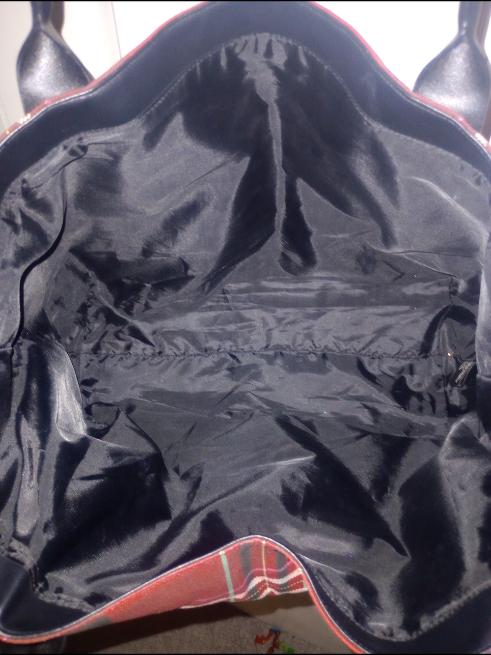 Victoria's Secret Red Plaid Tote with Black Trim and Floral Accent - Picture 4 of 4